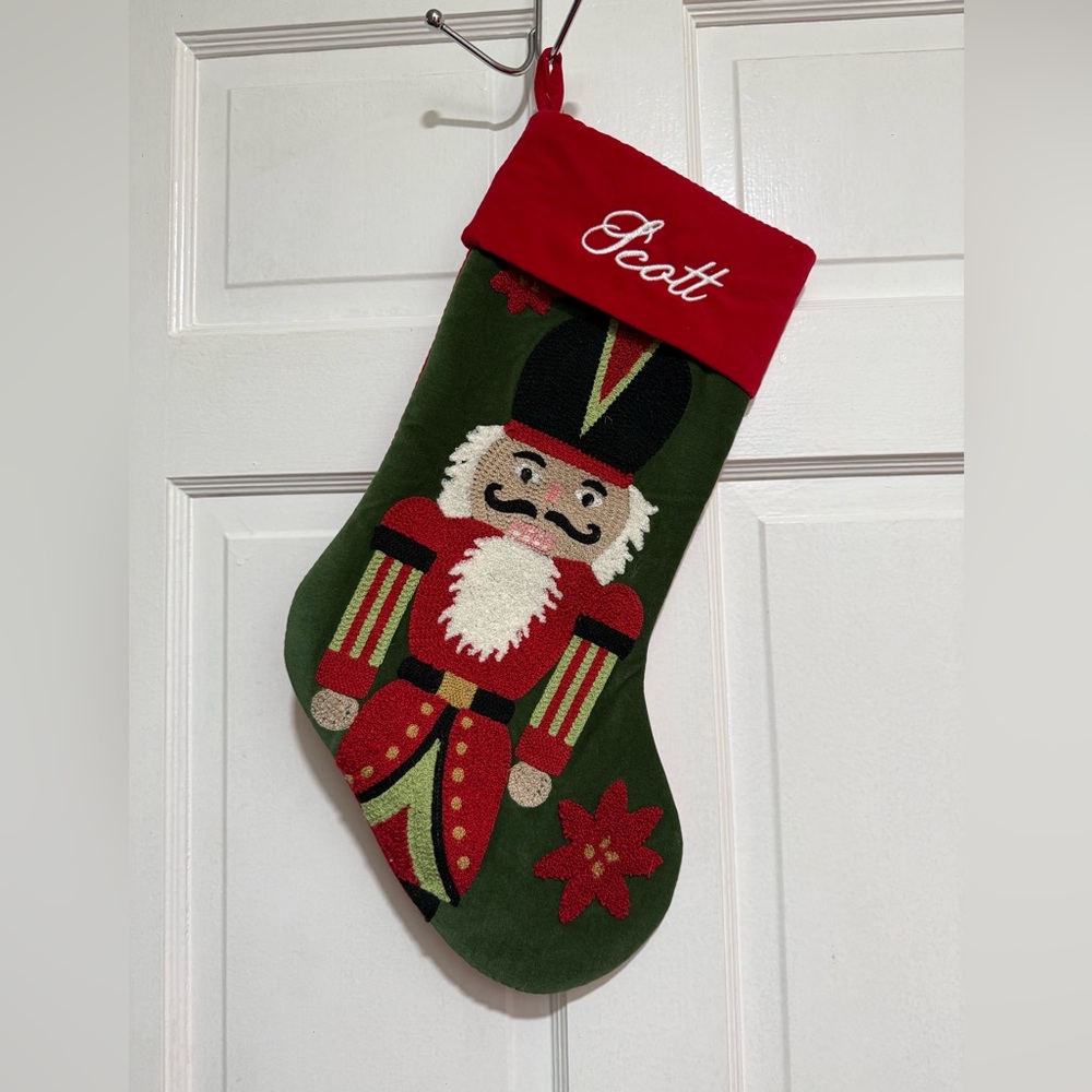 Scott Monogrammed Nutcracker Christmas Stocking Red Poinsettia Embroidered
